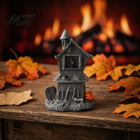 Dark Haunted House Figurine Halloween Ornament, Resin Miniature, Shape Old Stone Texture Decor with Skull Elements Desktop Decoration for Micro