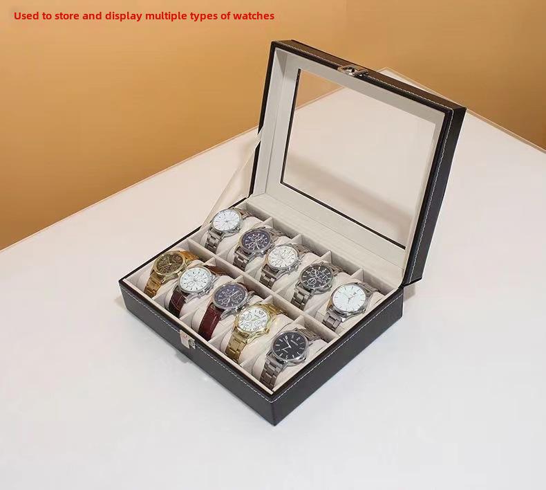 PU Leather Watch Storage Box with Transparent Window, Available in 6 or 12 Slots