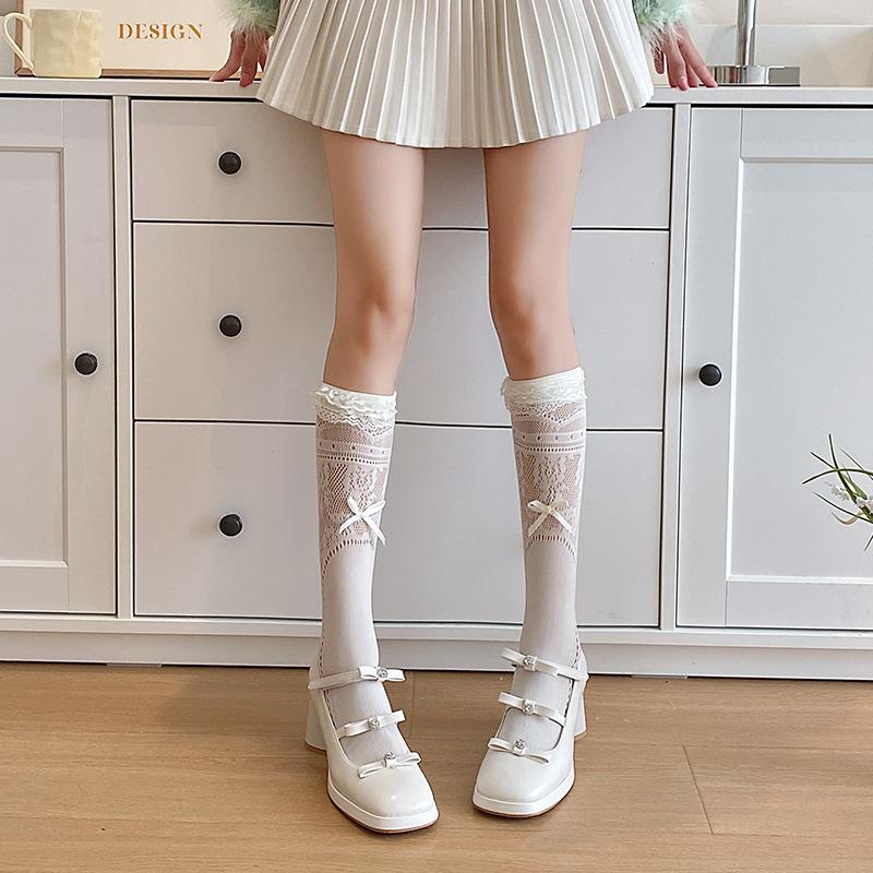 

Кружевные гольфы до икры в балетном стиле для женщин на весну и лето, тонкие кружевные носки-гольфы Лолита с бантом, белые носки с махрой 1 pair бежевый