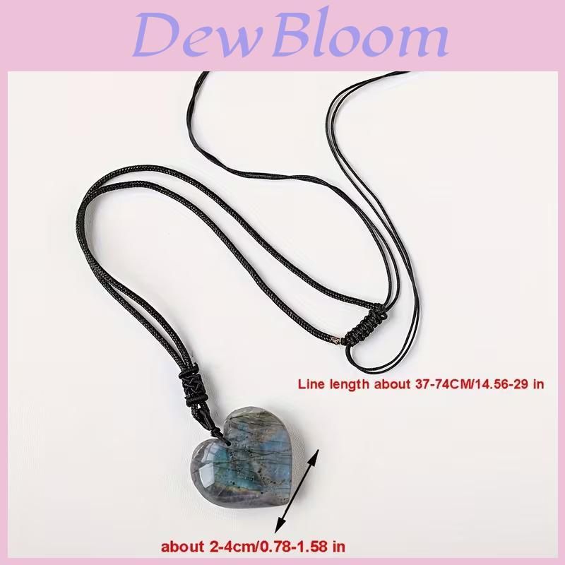 Long Natural Labradorite Crystal Heart Pendant Necklace With Polished White Quartz For Romantic Gifts