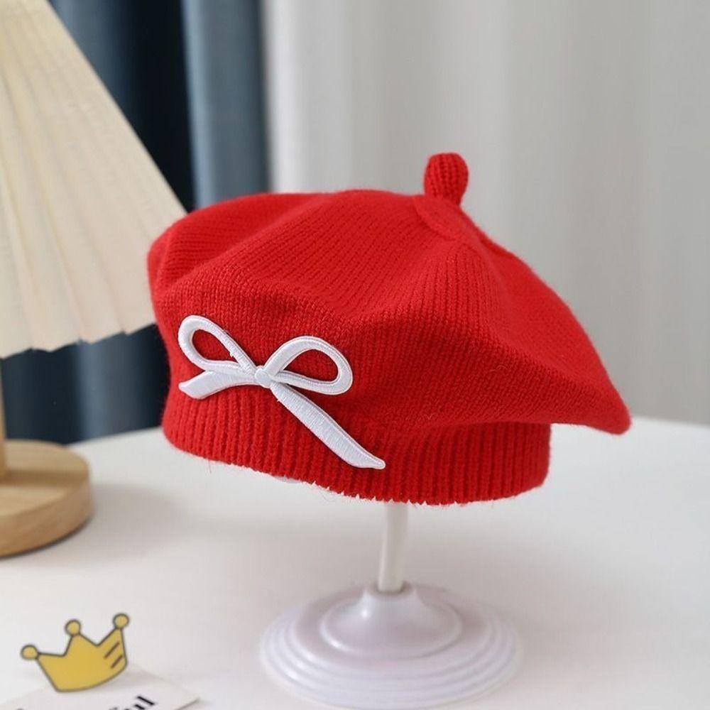 Thick Warm Girls Painter Cap Cotton Toddler Warm Beanie Fashion Bow Knit Headwear  Girl