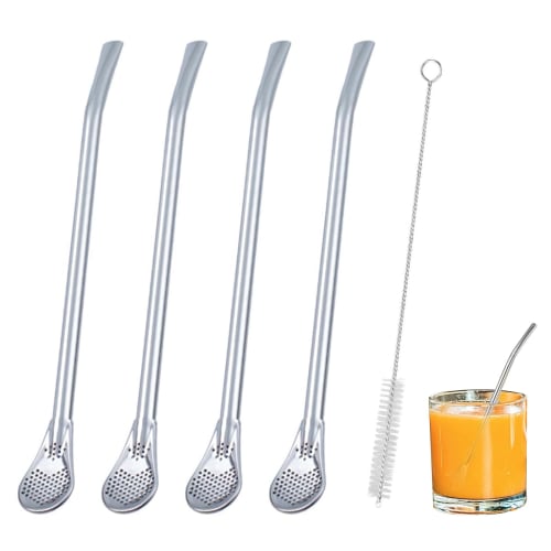 ADOFUN Reusable Stainless Steel Coffee Metal Filter Straws with Filter Spoons, Colorful for Tea, Coffee, and Cocktails, Includes Cleaning Brush (Silve