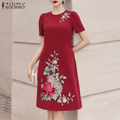 Women Casual Round Neck Short Sleeve Summer Print Dress