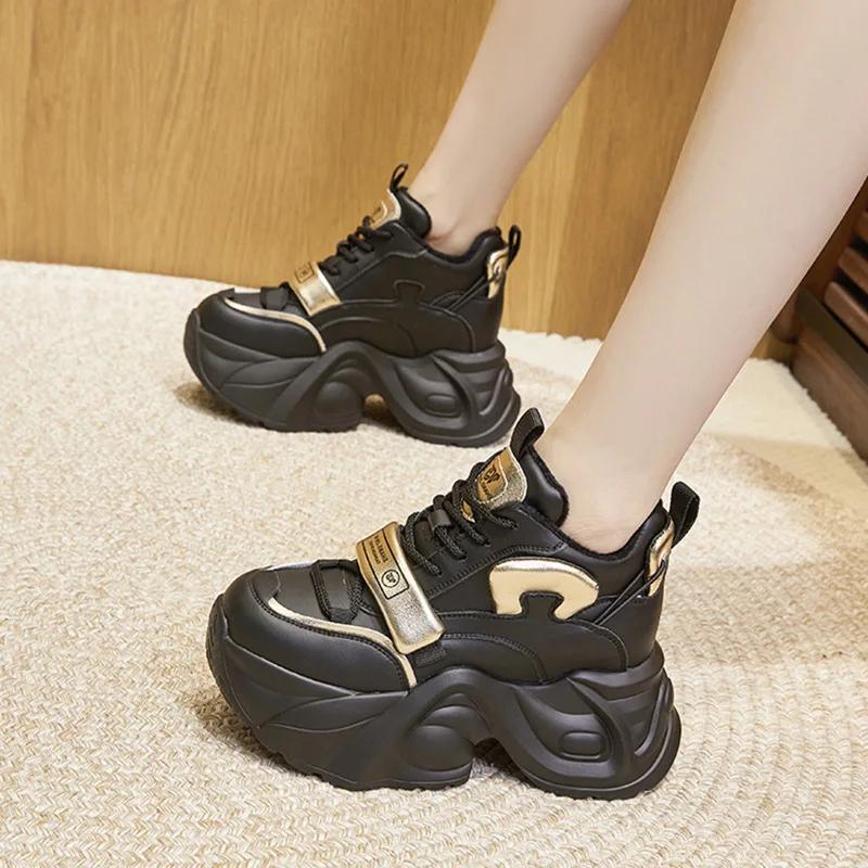 Fashion 9CM Microfiber Leather Autumn Casual Spring Platform Wedge Flats Fashion Chunky Sneakers Women Vulcanize Winter Shoes