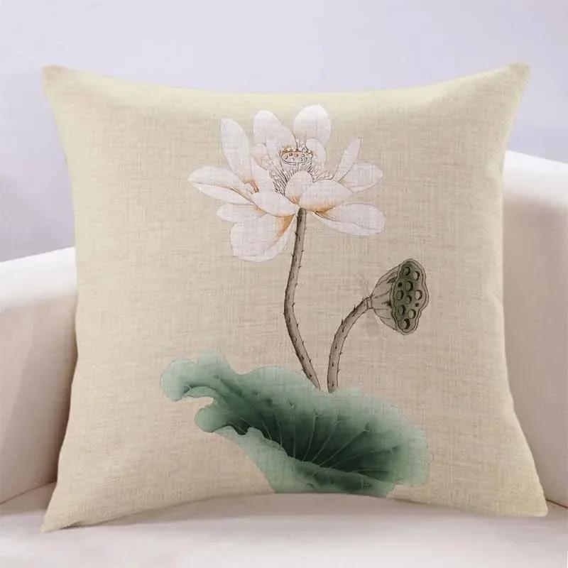 New Lotus Cushion Cover Printed Linen Pillow Cover Chinese Style Home Pillow Cushion Cover Sofa Living Room Beige