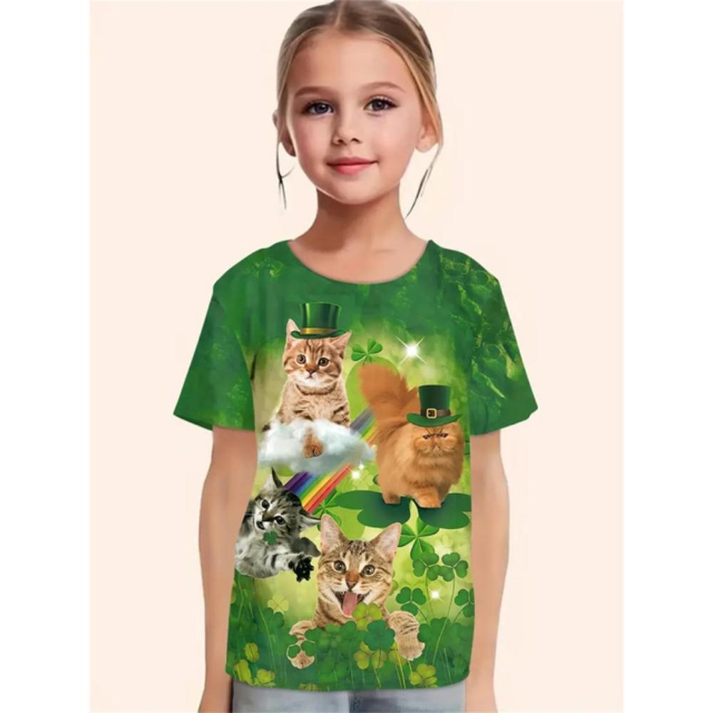 Roupa de Menina 2025 Gato de Desenho Animado Animal Fofo Estampa 3D Moda Casual Camisetas Engraçadas Camisetas de Menina Top de Verão de Manga Curta