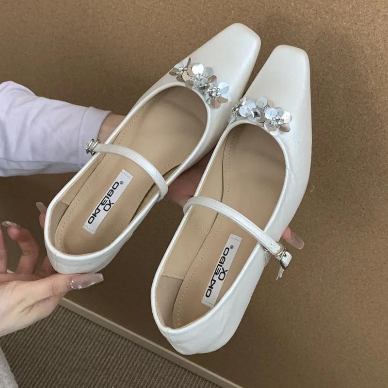 Silver Flower Embellished Mary Jane Shoes Women Fashion Square Toe Shallow Buckle Designer Shoes Comfortable Office Dress Shoes