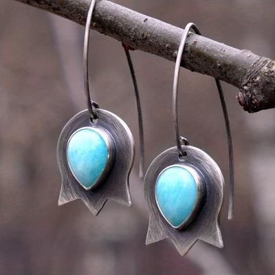 Creative Flower Design With Droplet Shape Blue Turquoise Decor Hook Dangle Earrings Bohemian Sexy Style Female Gift