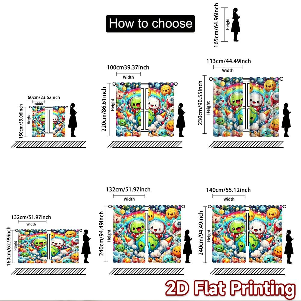 2D flat printing 2pcs Window Curtains Cute Space Adventure Planet Astronauts Digital Printed Polyester Drapes Festive Wall Decor