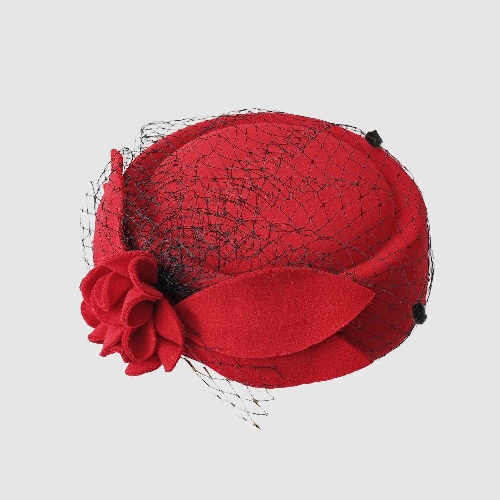 Vintage Mesh Topper Hat Solid Color Woolen Beret Uniform Stewardess Hat Pillbox Hat  Performances