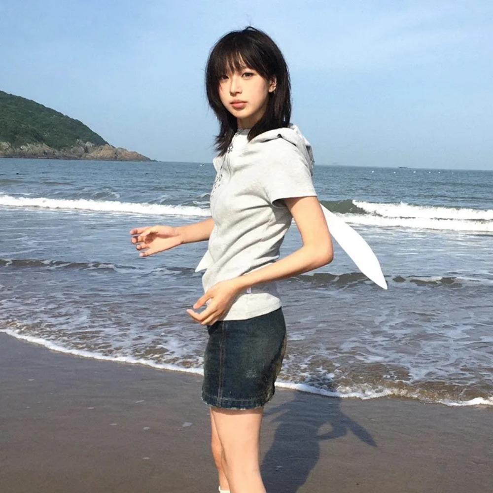 VAYLA Y2k Hooded T-shirt Vintage 2000s Style Rabbit Ears Zipper Tops Harajuku Short Sleeve Thin Jacket Korean Popular