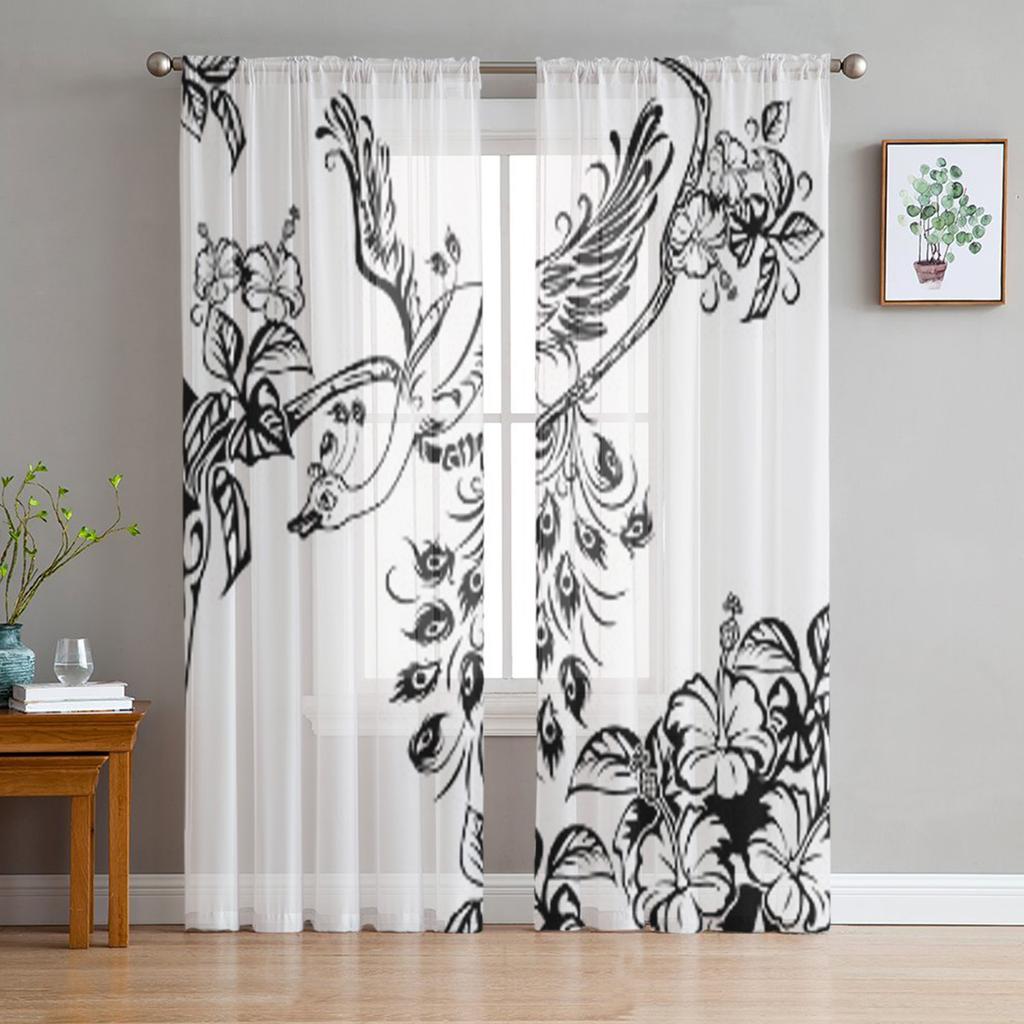 Kwiaty z gałęzi drzewa pawiego Hibiskus Szyfonowe firanki do salonu Sypialni Zasłony okienne Voiles Tiul Cortinas