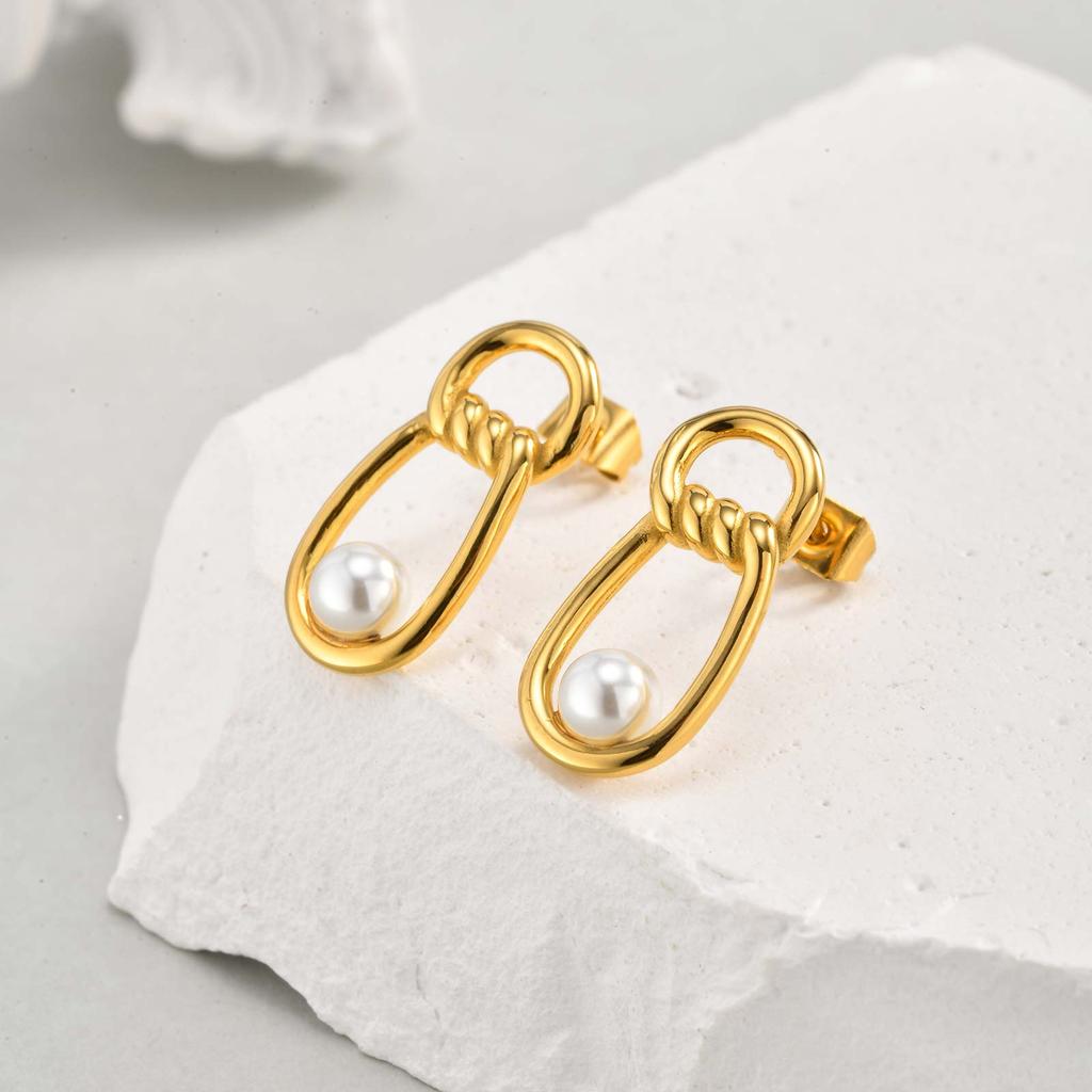 Fashion Irregular Imitation Pearl Earrings Stainless Steel Geometric Twist Texture Earrings for Women Statement Party Jewelry