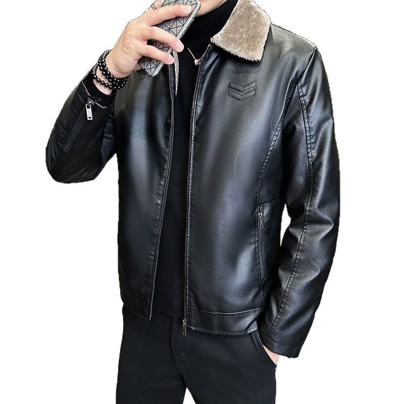 Thickened Fleece Leather Jacket Leather Men's Leather Jacket Autumn and Winter Locomotive Clothing Casual Loose Lapel Jacket Men