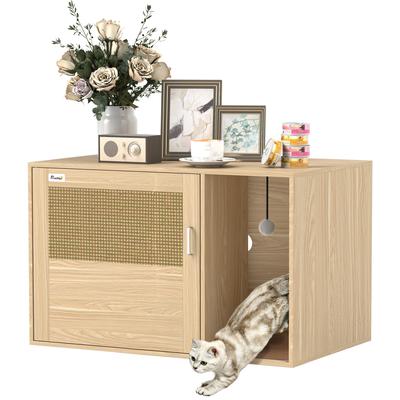 Cat Litter Box Furniture Cat Litter Box with Scratching Pad and Rattan Door 80x50x50 Cm Oak