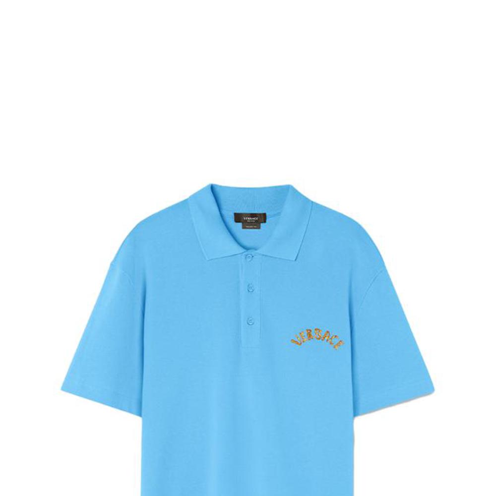 Versace Ss23 Solid Color Letter Embroidered Short Sleeve Polo Shirt Men Polo Shirts Blue 1010639-1A07698-1VA90