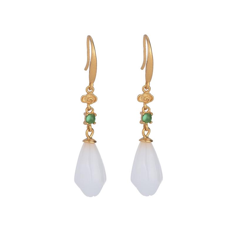 Retro Chinese Hanfu Earrings: Ancient Gold Clouds & Synthetic White Jade Magnolia