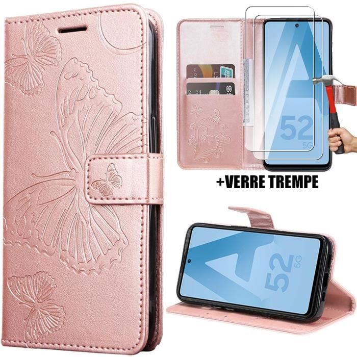 Coque + Verres Trempés - BOOLING - pour Samsung Galaxy A52 4G/5G - Rose - Motif Papillon - Fermeture Magnétique