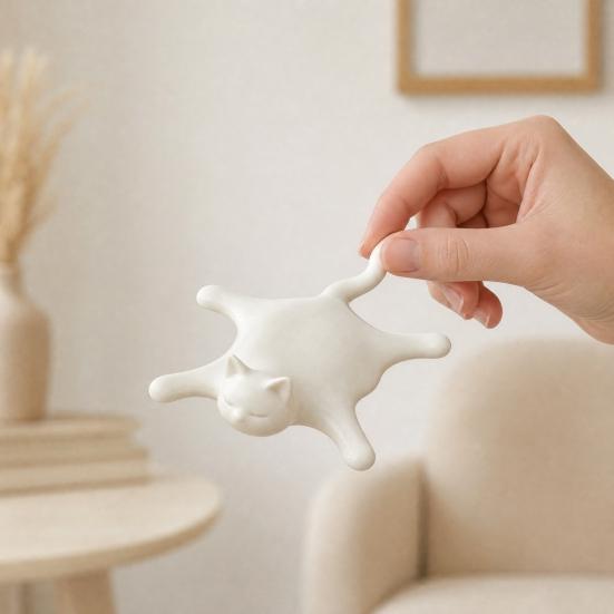 3D Printed Melting Cat Figurine Lazy Flattened Sleeping Cat Statue with Matte White