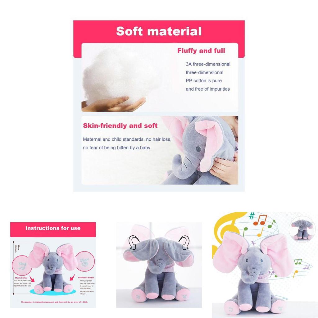 Elefant adorabil cu jocul „Peek-a-boo” și cântec, jucărie de pluș pentru bebeluși și copii, în roz și gri