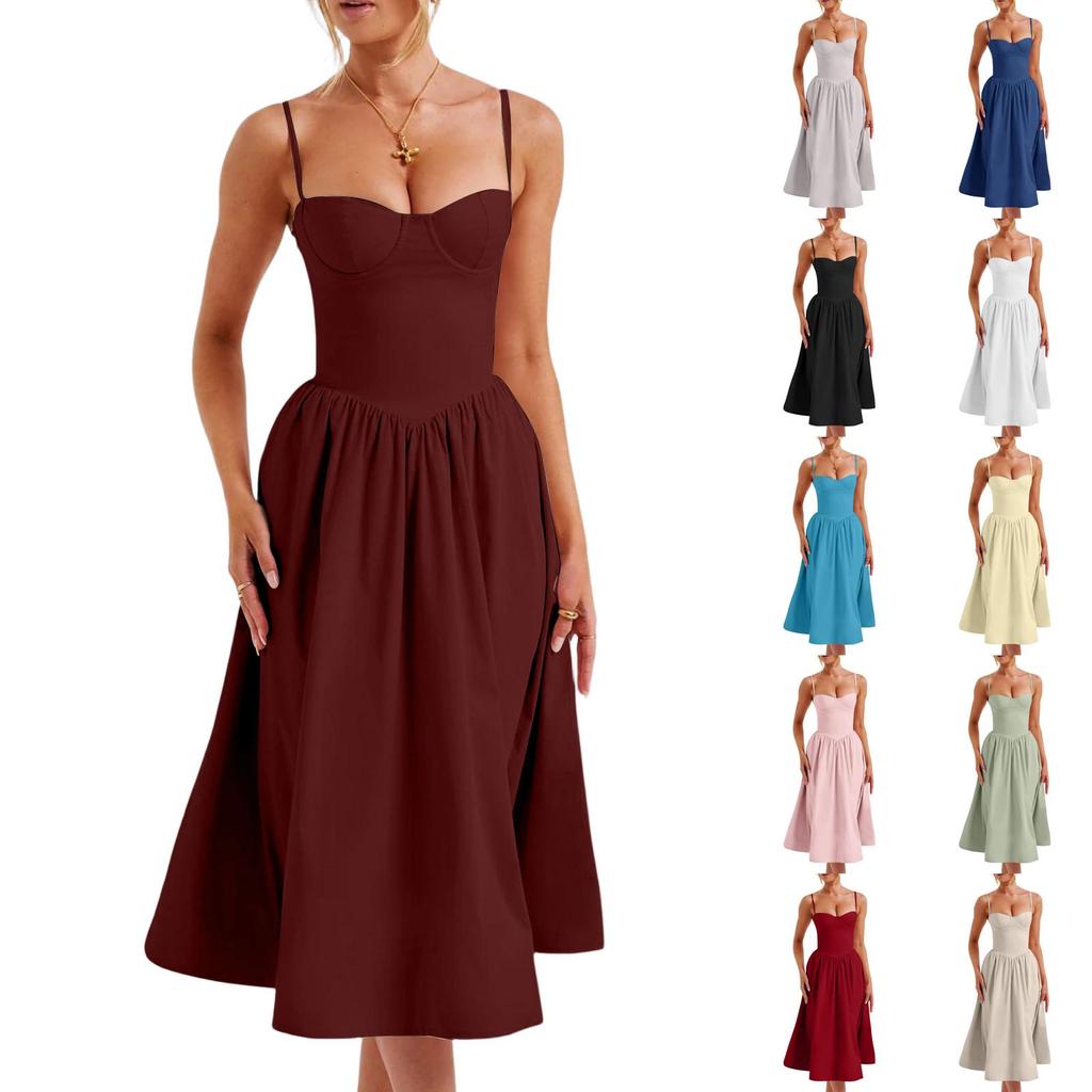 Women's Summer A-Line Midi Dress Sleeveless Spaghetti Strap Slim Fit Waist Casual Dress