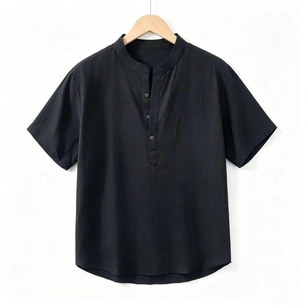 2026 Men's Summer Stand Collar Cotton Linen Short Sleeve Casual Shirt - Breathable, Loose Fit