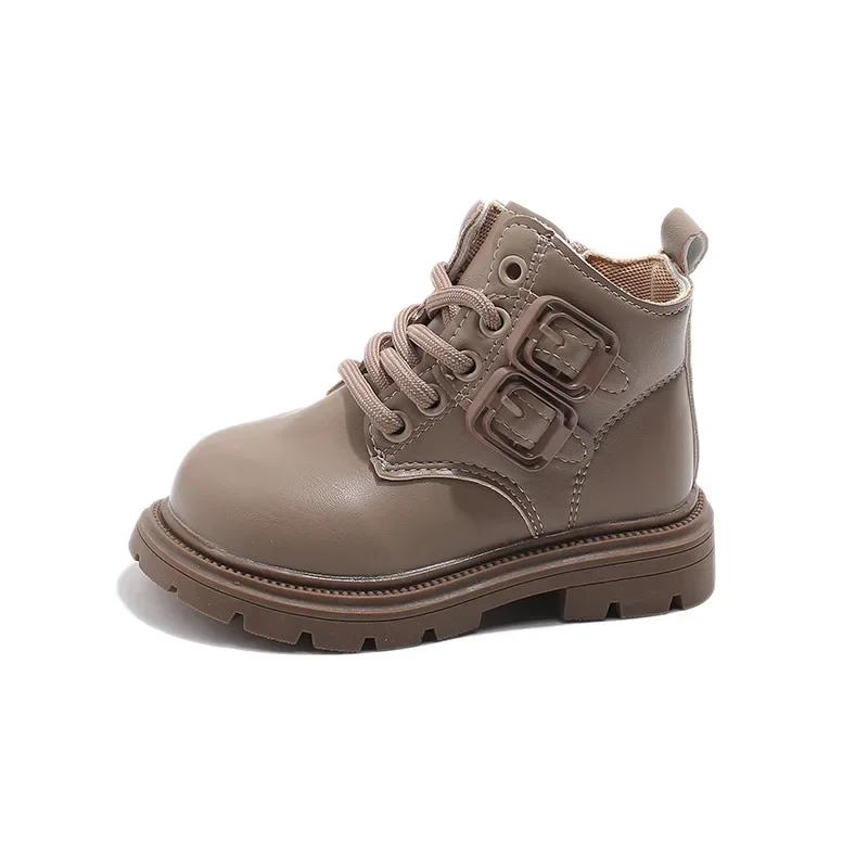 

Детские кожаные ботинки, однотонные, универсальные, для мальчиков и девочек, ботильоны в британском стиле 2024 года, новые детские короткие ботинки с нескользящей мягкой подошвой 21 хаки