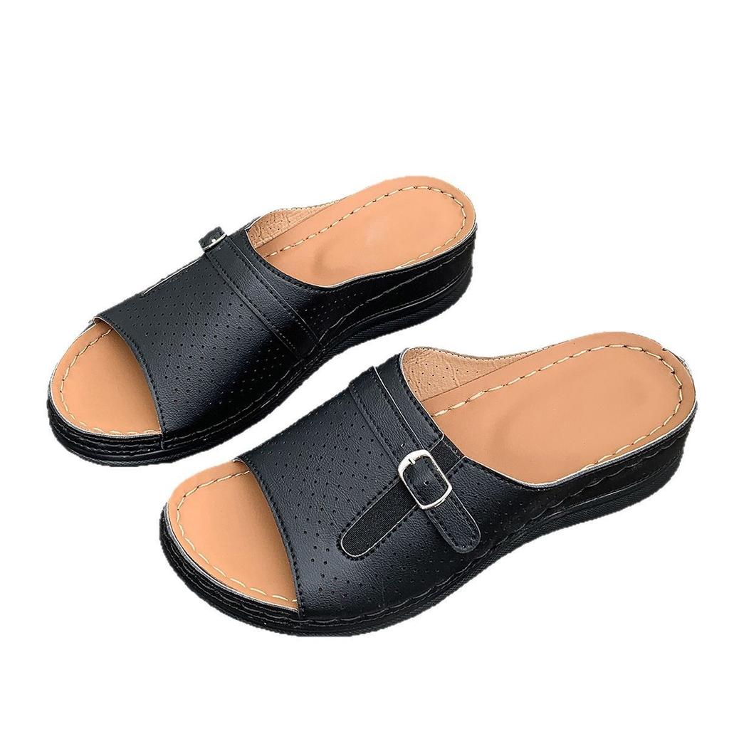 Foreign trade summer new fashion casual thick-soled large-size cool slippers women's solid color hollow fish mouth women's sandals