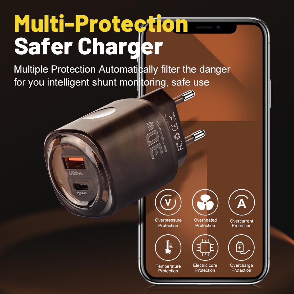30W Dual Port USB & Type-C Fast Charger for US/EU - Mobile Phone PD Travel Charger