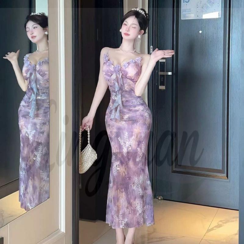 Elegant Slim-Fit V-Neck Mesh Print Camisole Dress