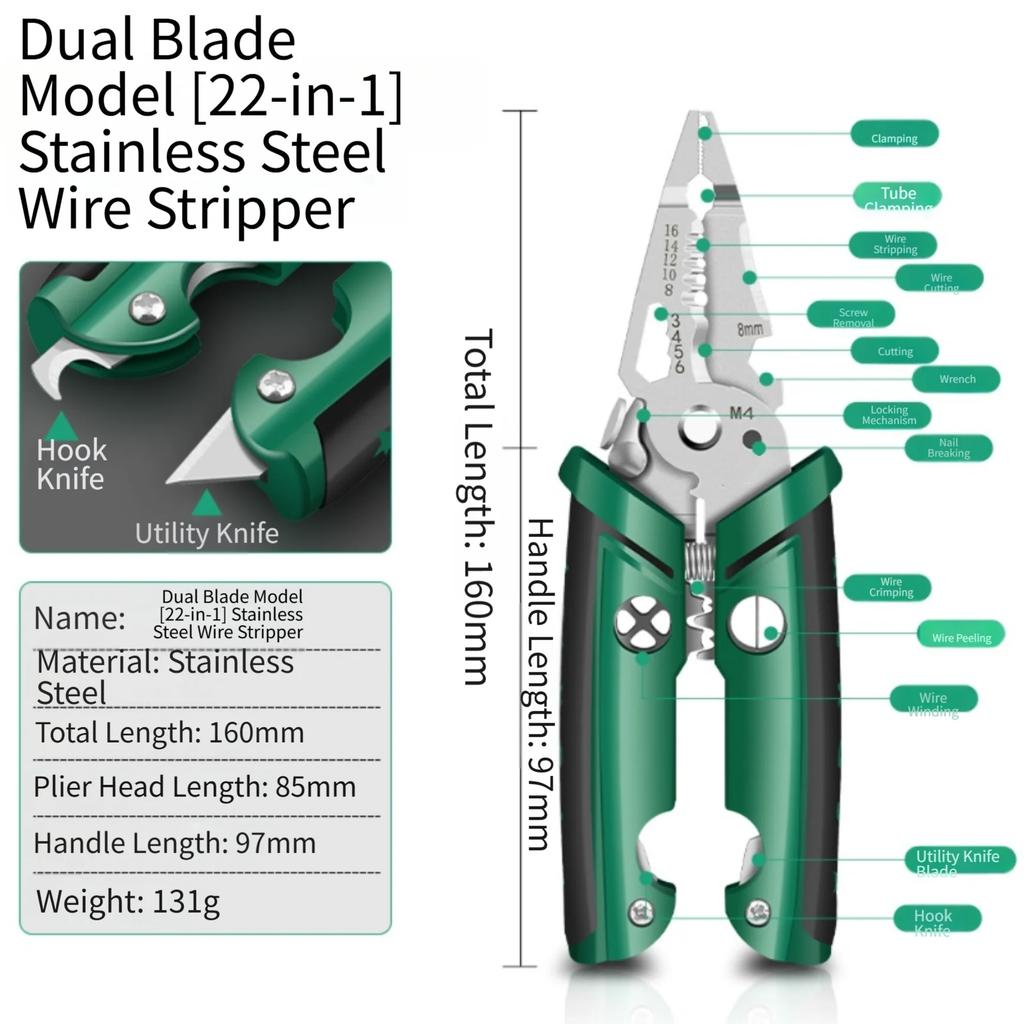 22in1 Stainless Steel Wire Stripping Pliers with Ergonomic Handle Multi Functional Electrical Tool for Crimping and Winding