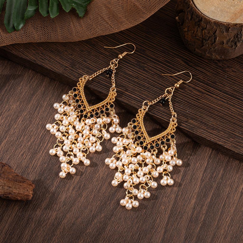 Manwang Geometric Pearl Tassel Earrings for Women, Vintage Alloy Dangle Drop Earrings