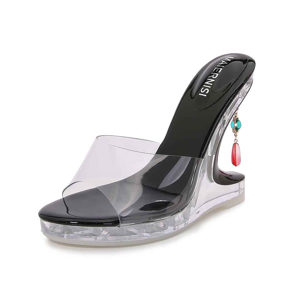 Thick-soled Transparent Waterproof Table High-heeled Cool Slippers Special-shaped Heel Outer Wear Crystal Princess Wedge Heel Women's Shoes College