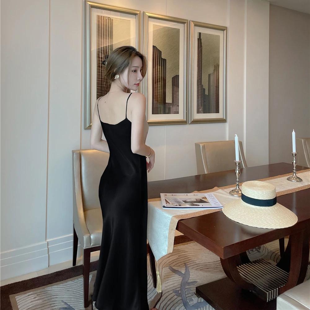 Damen Kleid Satin Swinging Kragen Französisch Spaghetti Strap Designer Chic Elegante Mode Lässig Abend Party Sexy Sling Kleider Sommer 2024