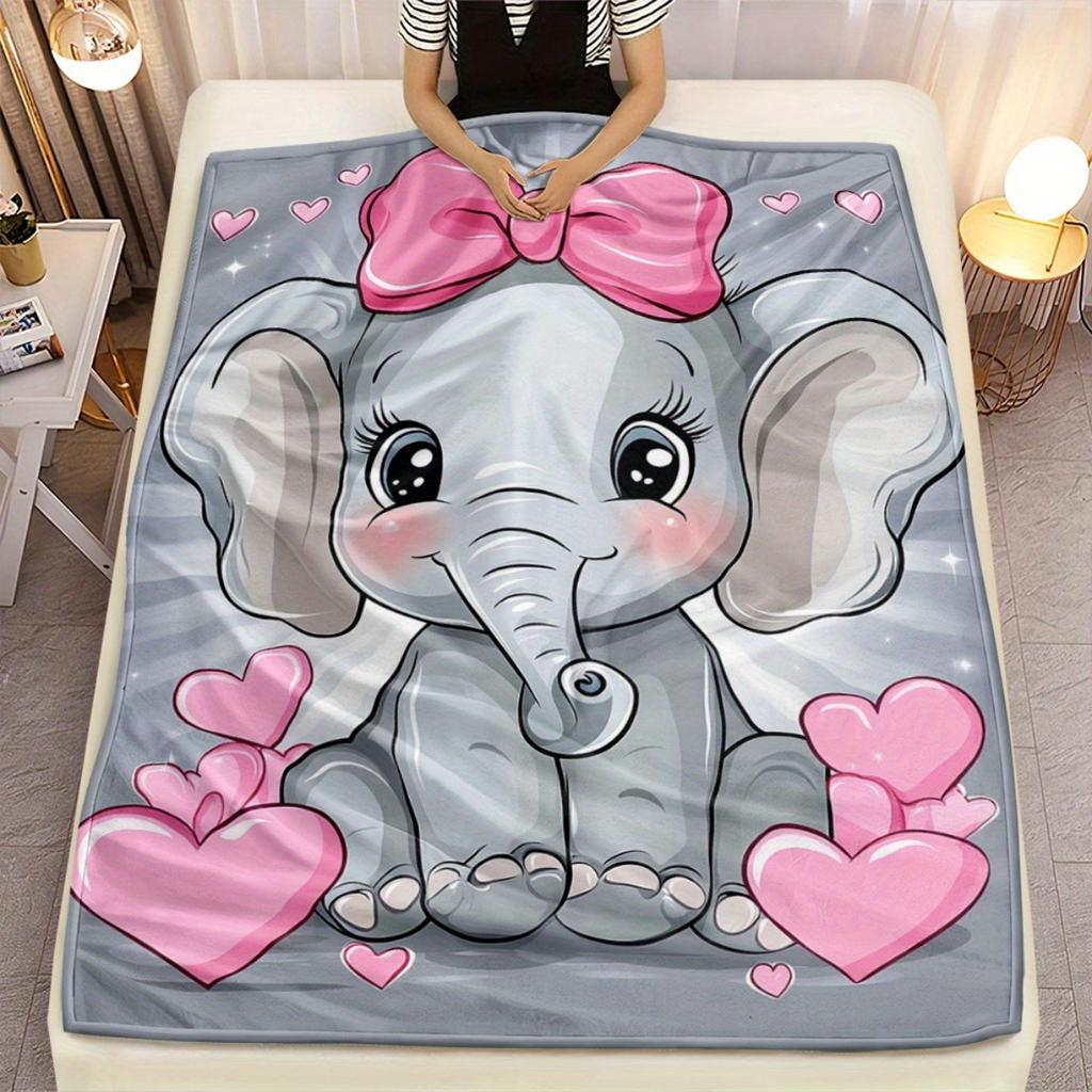 Cute Elephant with Pink Bow Heart Pattern Fleece Blanket Soft Flannel Throw Blanket for Kids Girls Bedroom Decor Cozy WarmWinter