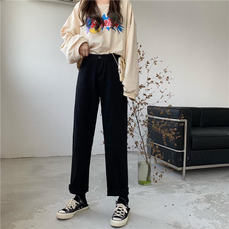 2021 Korean-Style High-Waisted Cropped Straight-Leg Jeans: Slimming, Versatile, Loose, Casual Wide-Leg Pants for Women