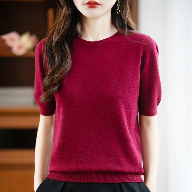 

Женский пуловер с коротким рукавом и круглым вырезом, тонкий вязаный свитер, футболка с рукавом до локтя, топ XXL бордовый