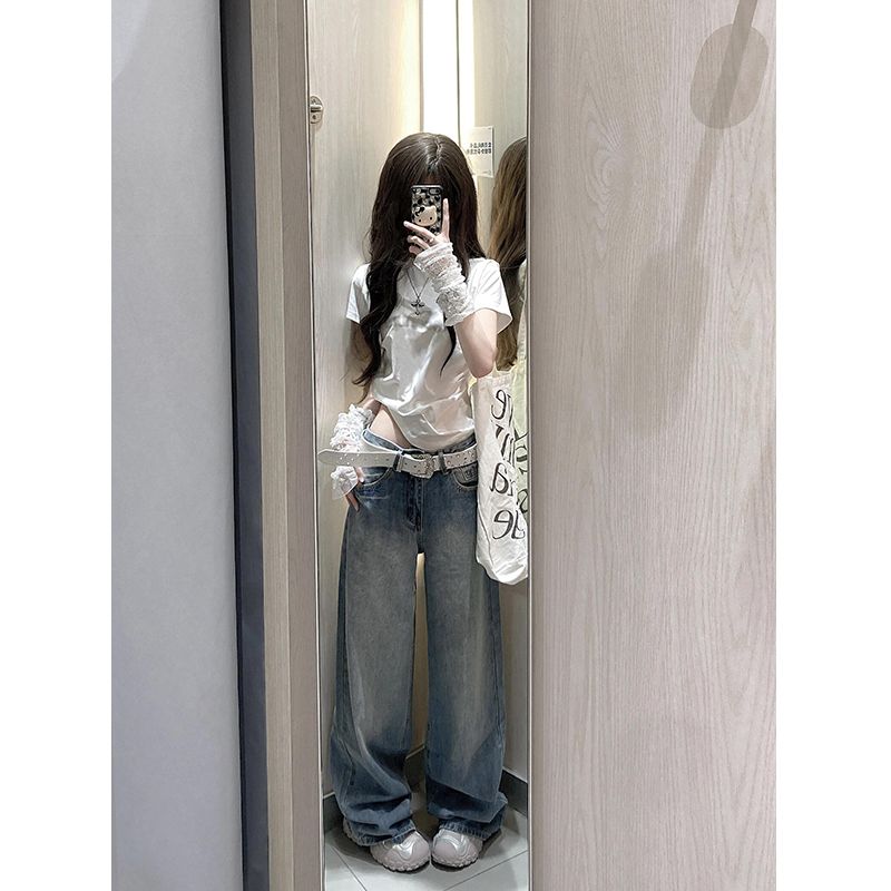 Small Long American Retro Wide Leg Denim Female Summer Crack Washed Loose Drooping Straight Mopping Pants