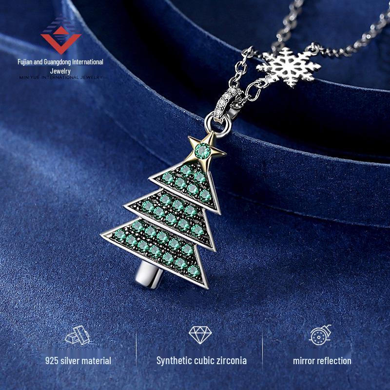 Min Yue Original S925 Silver Necklace with Zircon Christmas Tree Pendant for Women - European & American Style Clavicle Chain