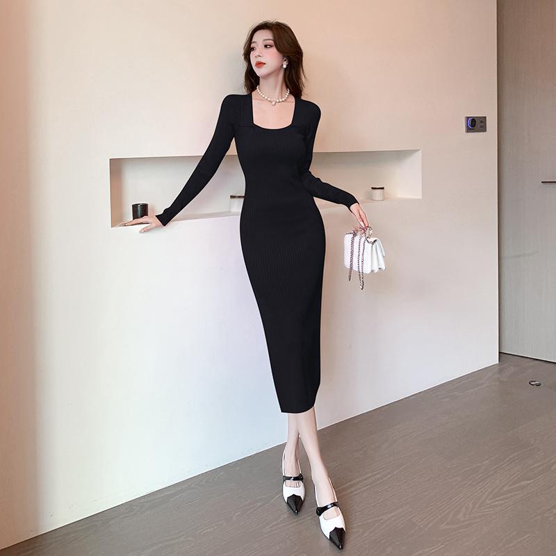 Spring Square Neck Knitted Sexy Dress Women Fashion Autumn Slim Fit Base Women's Sweater Dresses Elegant Long Sleeve Solid Winter Casual Dress 25955