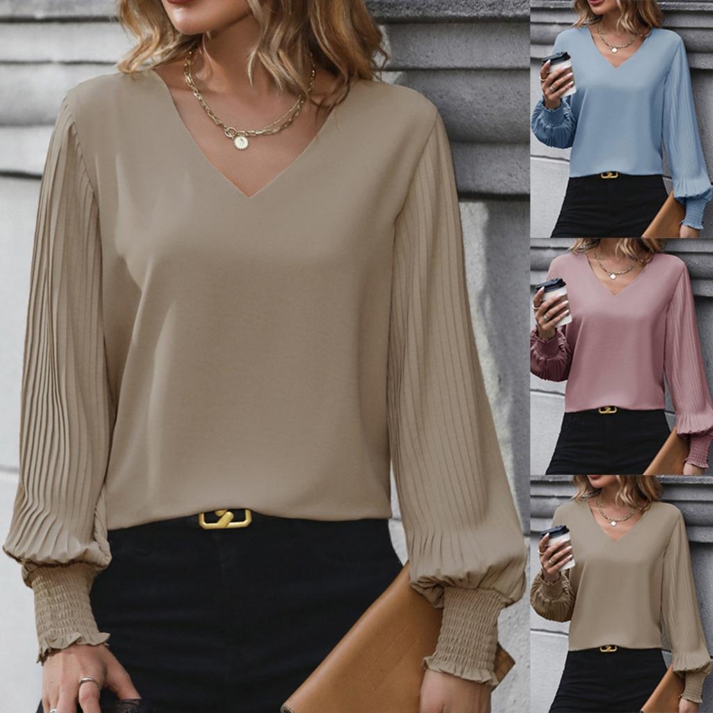 2025 Women's Solid Color Shirt with Pleated Lantern Sleeves Casual Office Tops for Spring Autumn Hot Sale