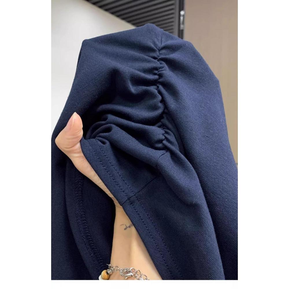 Navy Blue Shoulder Short Sleeved T-shirt for Women's Summer New Design, Pleated Waist Cinched Round Neck Slim Fit and Slimming Short Top