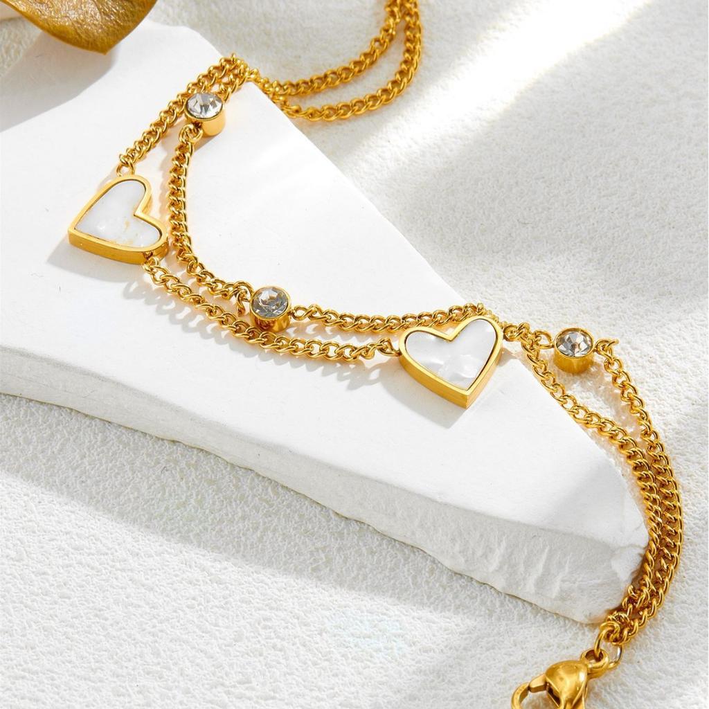 Stainless Steel Gold-Plated Double-Layer Heart Bracelet French Retro White Mother of Pearl Minimalist Luxury Jewelry