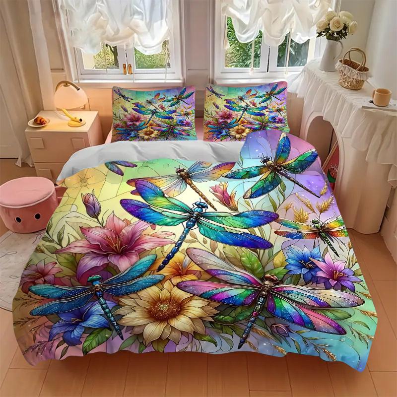 3pcs Colorful Dragonflies Printed Bedding Set, Soft and Comfortable Quilt Cover for Bedroom, Guest Room (1 Duvet Cover + 2 Pillowcases