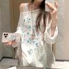 American Star Print Hot Girl Oblique Shoulder Sun Protection Blouse Long-sleeved T-shirt Women's New Casual Summer Large Size Top