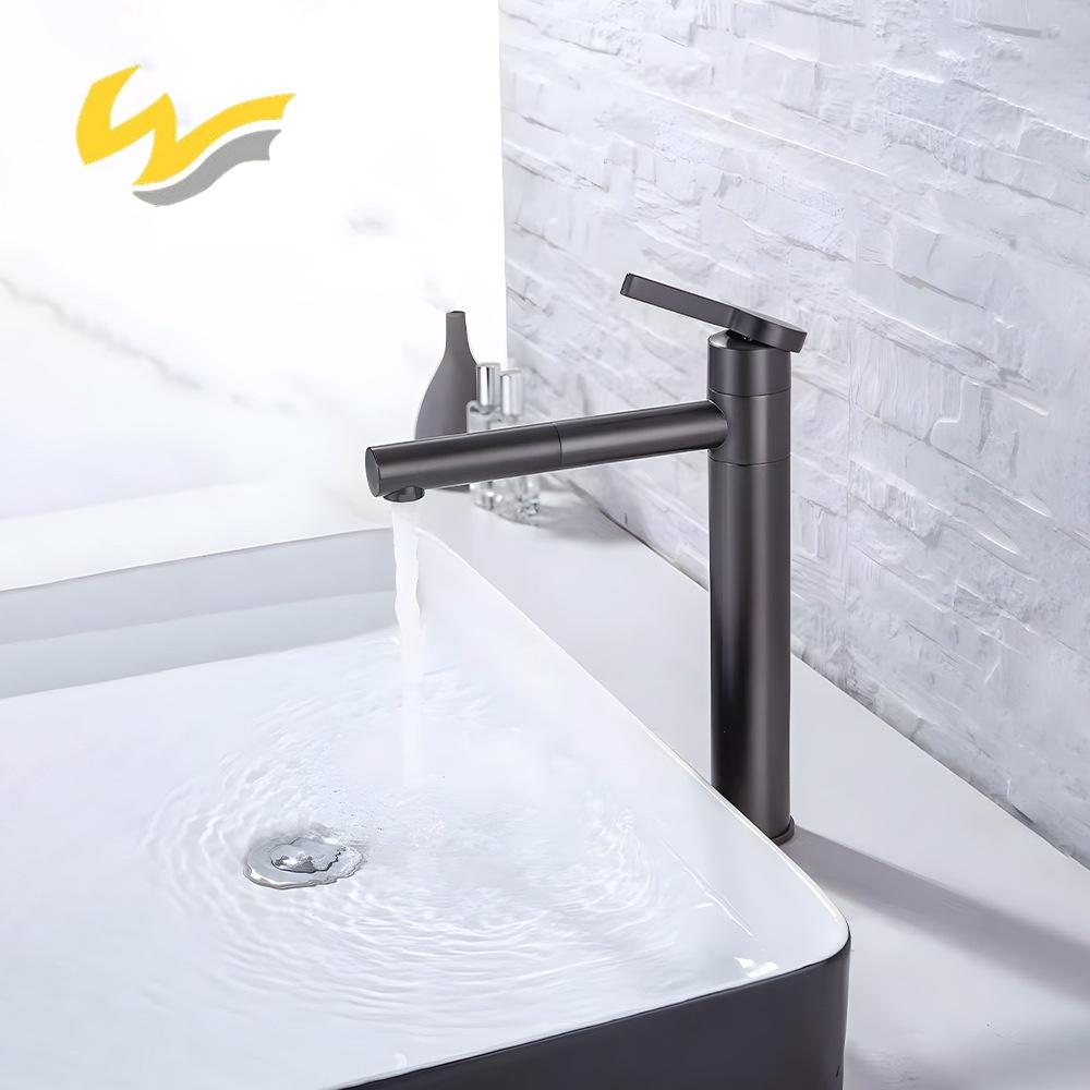 Pull Out Basin Faucet Hot and Cold Bathroom Single Lever Brass Gray Rotation Pull Out Sink Mixer Tap Decked