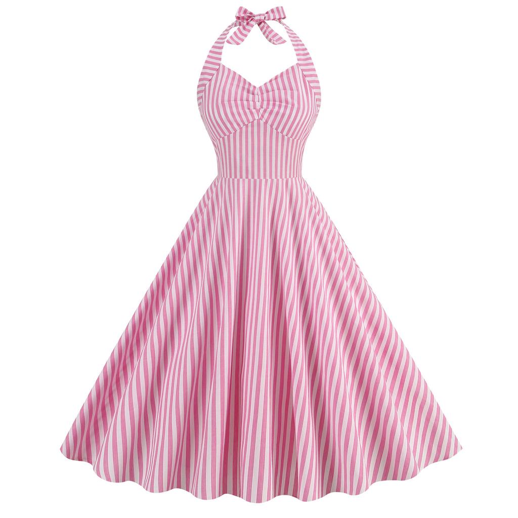 Women’s Mid-length Vintage-style Dress with a Flared Skirt, Pink Checked Pattern, Fitted Waist and Halter Neck