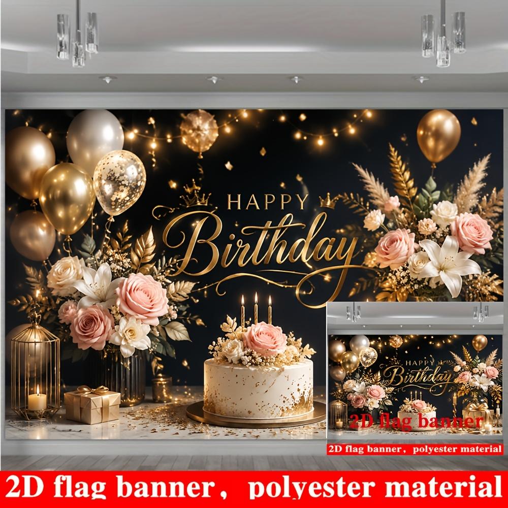 Black Gold Happy Birthday Backdrop Balloons Roses Cake Gift Boxes Polyester