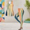 Women Plus Size Two Piece Set Scoop Neck Sleeveless Dark Blue Beige Printed Tank Top Fitted Pants
