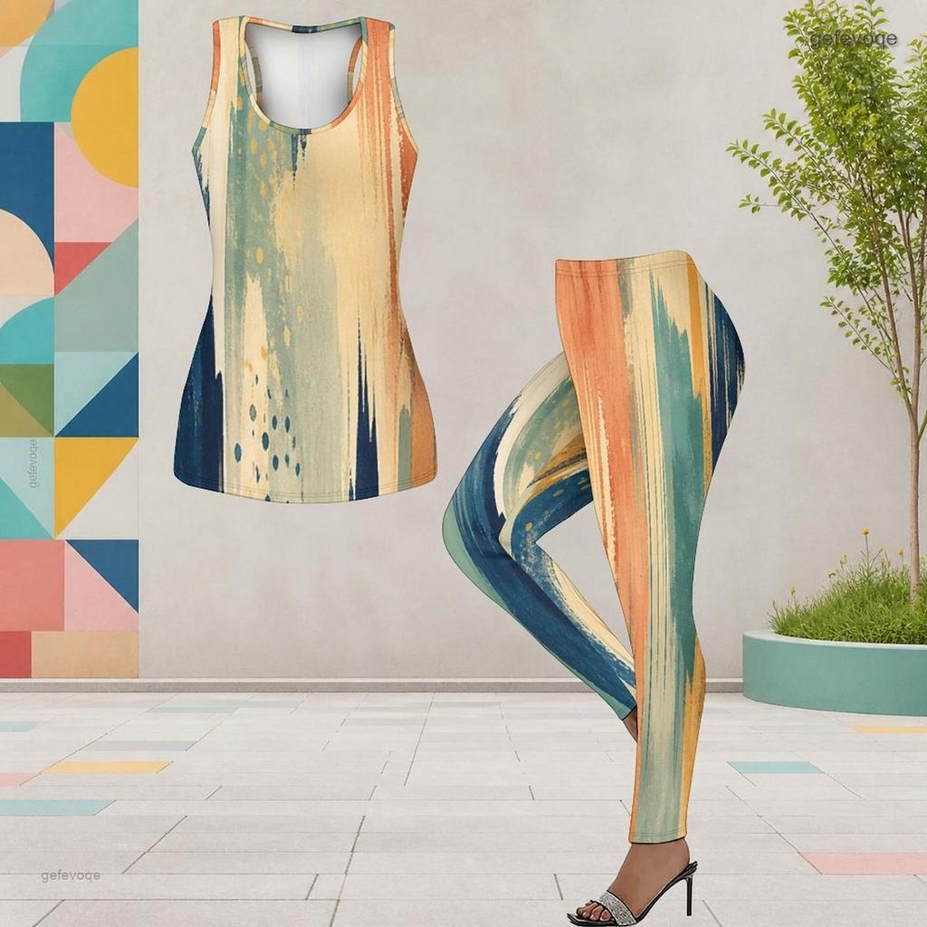 Women Plus Size Two Piece Set Scoop Neck Sleeveless Dark Blue Beige Printed Tank Top Fitted Pants
